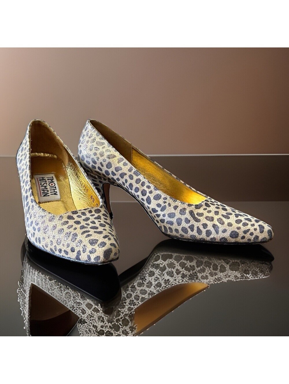 Timothy Hitsman Women’s Pumps 6.5 Beige Black Pointed Toe Animal Print Slip On